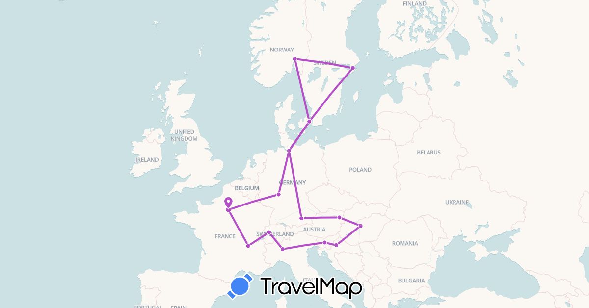 TravelMap itinerary: driving, train in Austria, Switzerland, Germany, Denmark, France, Croatia, Hungary, Italy, Norway, Sweden, Slovenia (Europe)